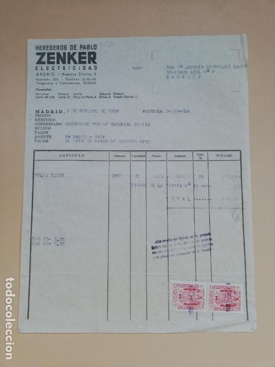 Facturas antiguas: FACTURA. ZENKER, ELECTRICIDAD. HEREDEROS DE PABLO. MADRID, 1959.