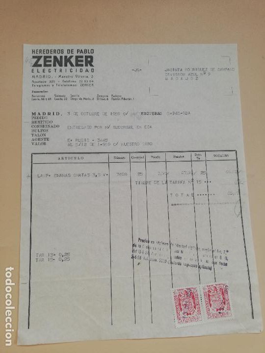Facturas antiguas: FACTURA. ZENKER, ELECTRICIDAD. HEREDEROS DE PABLO. MADRID, 1959.