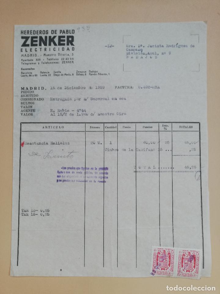 Facturas antiguas: FACTURA. ZENKER, ELECTRICIDAD. HEREDEROS DE PABLO. MADRID, 1959.