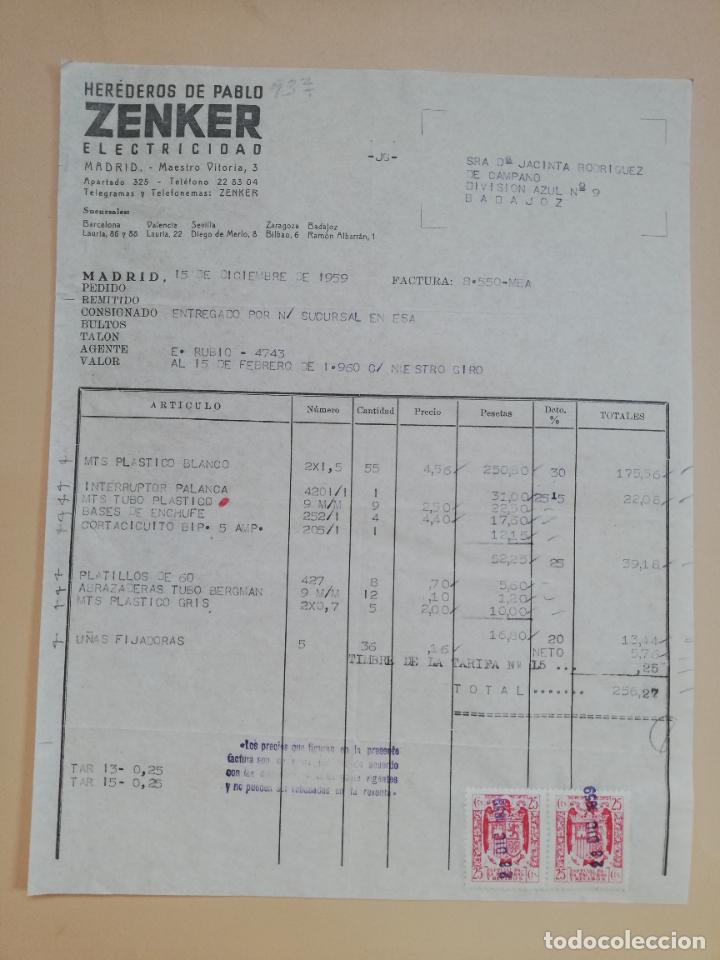 Facturas antiguas: FACTURA. ZENKER, ELECTRICIDAD. HEREDEROS DE PABLO. MADRID, 1959.