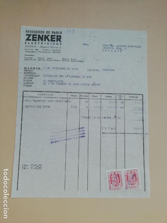 Facturas antiguas: FACTURA. ZENKER, ELECTRICIDAD. HEREDEROS DE PABLO. MADRID, 1959.