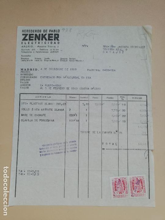 Facturas antiguas: FACTURA. ZENKER, ELECTRICIDAD. HEREDEROS DE PABLO. MADRID, 1959.