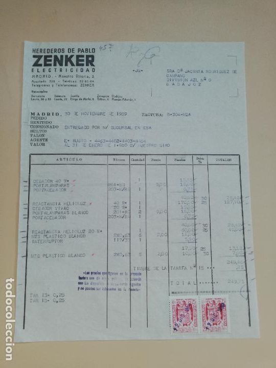 Facturas antiguas: FACTURA. ZENKER, ELECTRICIDAD. HEREDEROS DE PABLO. MADRID, 1959.