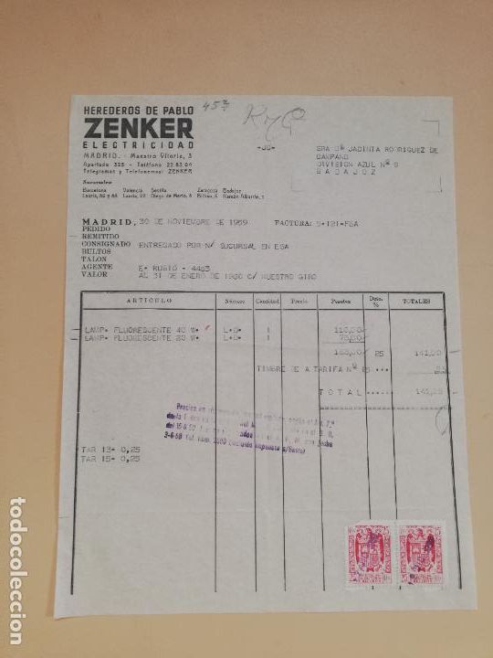 Facturas antiguas: FACTURA. ZENKER, ELECTRICIDAD. HEREDEROS DE PABLO. MADRID, 1959.