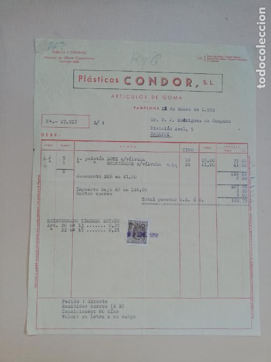 Facturas antiguas: FACTURA. PLASTICAS CONDOR, S. L. ARTICULOS DE GOMA. PAMPLONA. 1959.