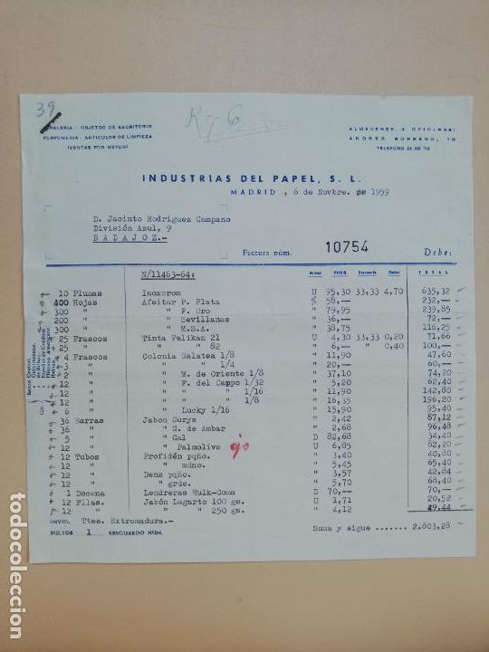 Facturas antiguas: FACTURA. INDUSTRIAS DEL PAPEL, S.L. MADRID, 1959. DOS HOJAS.