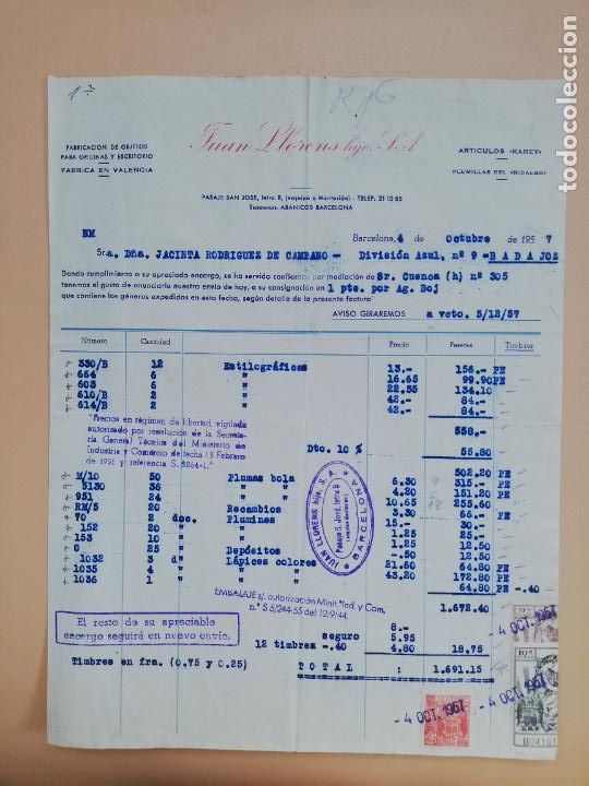 Facturas antiguas: FACTURA. FABRICACION DE OBJETOS PARA OFICINAS Y ESCRITORIO. JUAN LLORENS HIJOS. BARCELONA, 1957.