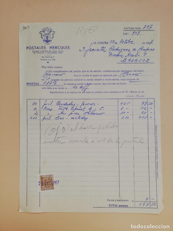Facturas antiguas: FACTURA. POSTALES HERCULES. LA CORU&Ntilde;A, 1957.