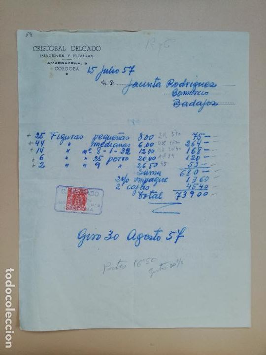Facturas antiguas: FACTURA. IMAGENES Y FIGURAS. CRISTOBAL DELGADO. CORDOBA, 1957.