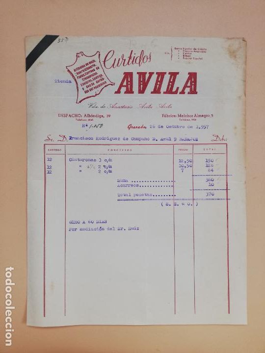 Facturas antiguas: FACTURA. ARTICULOS DE VIAJE. CURTIDOS. AVILA. VDA. DE ANASTASIO AVILA AVILA. GRANADA, 1957.