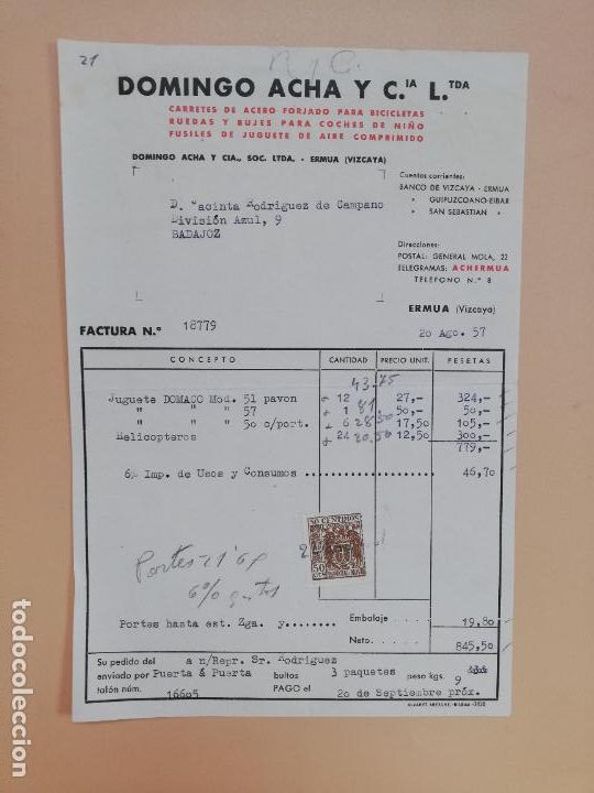 Facturas antiguas: FACTURA. CARRETES DE ACERO FORJADO. DOMINGO ACHA Y CIA. ERMUA, VIZCAYA, 1957.
