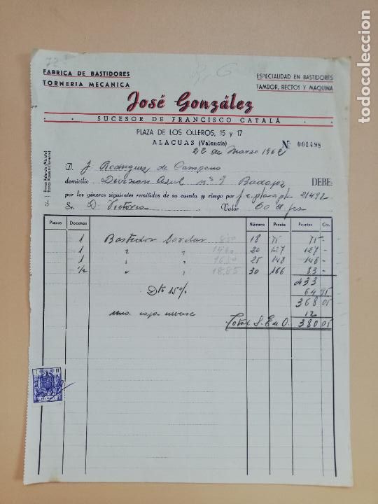 Facturas antiguas: FACTURA. FABRICA DE BASTIDORES. TORNERIA MECANICA. JOSE GONZALEZ. ALACUAS, VALENCIA, 1962.