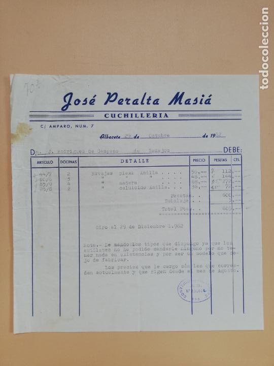 Facturas antiguas: FACTURA. CUCHILLERIA. JOSE PERALTA MASIA. ALBACETE, 1962.