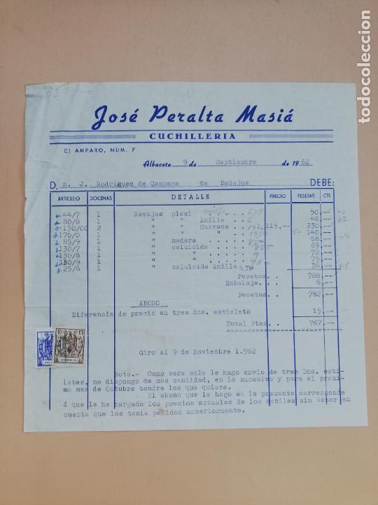 Facturas antiguas: FACTURA. CUCHILLERIA. JOSE PERALTA MASIA. ALBACETE, 1962.
