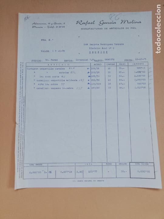 Facturas antiguas: FACTURA. MANUFACTURAS DE ARTICULOS DE PIEL. RAFAEL GARCIA MOLINA. MURCIA, 1976.