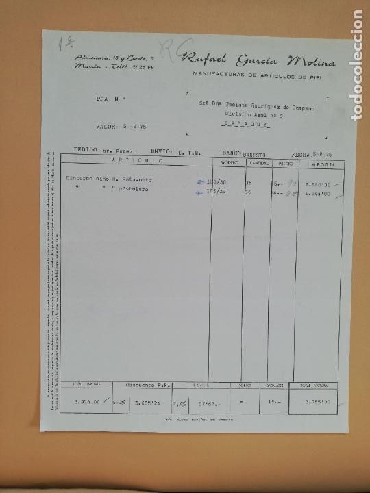 Facturas antiguas: FACTURA. MANUFACTURAS DE ARTICULOS DE PIEL. RAFAEL GARCIA MOLINA. MURCIA, 1975.