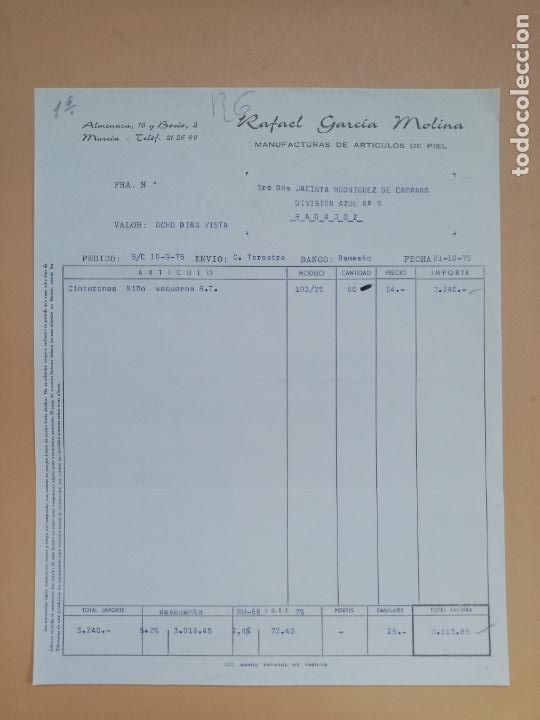 Facturas antiguas: FACTURA. MANUFACTURAS DE ARTICULOS DE PIEL. RAFAEL GARCIA MOLINA. MURCIA, 1975.