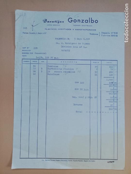 Facturas antiguas: FACTURA. BARATIJAS GONZALBO. PLASTICOS INYECTADOS Y MANUFACTURADOS. VALENCIA, 1966.