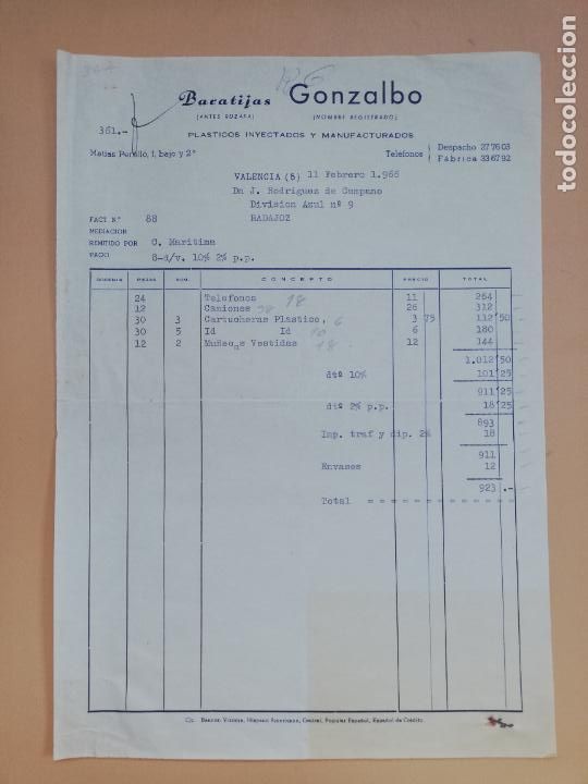 Facturas antiguas: FACTURA. BARATIJAS GONZALBO. PLASTICOS INYECTADOS Y MANUFACTURADOS. VALENCIA, 1966.
