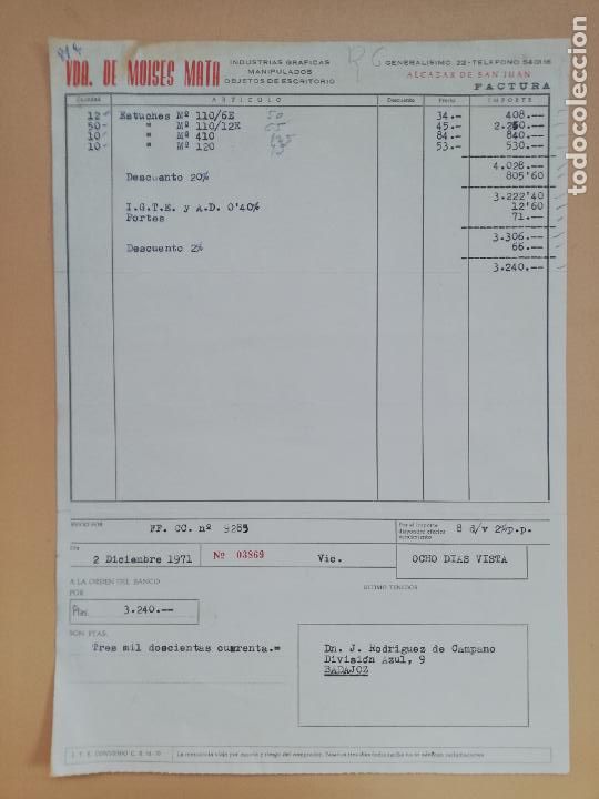 Facturas antiguas: FACTURA. INDUSTRIAS GRAFICAS. VDA. DE MOISES MATA. ALCAZAR DE SAN JUAN, CIUDAD REAL. 1971.