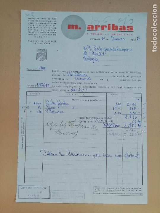 Facturas antiguas: FACTURA. M. ARRIBAS. ALMACEN DE POSTALES ESTAMPERIA. ZARAGOZA, 1970.