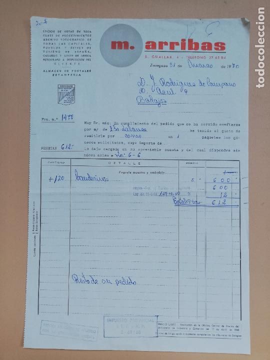 Facturas antiguas: FACTURA. M. ARRIBAS. ALMACEN DE POSTALES ESTAMPERIA. ZARAGOZA, 1970.