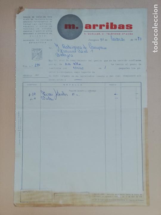Facturas antiguas: FACTURA. M. ARRIBAS. ALMACEN DE POSTALES ESTAMPERIA. ZARAGOZA, 1970.