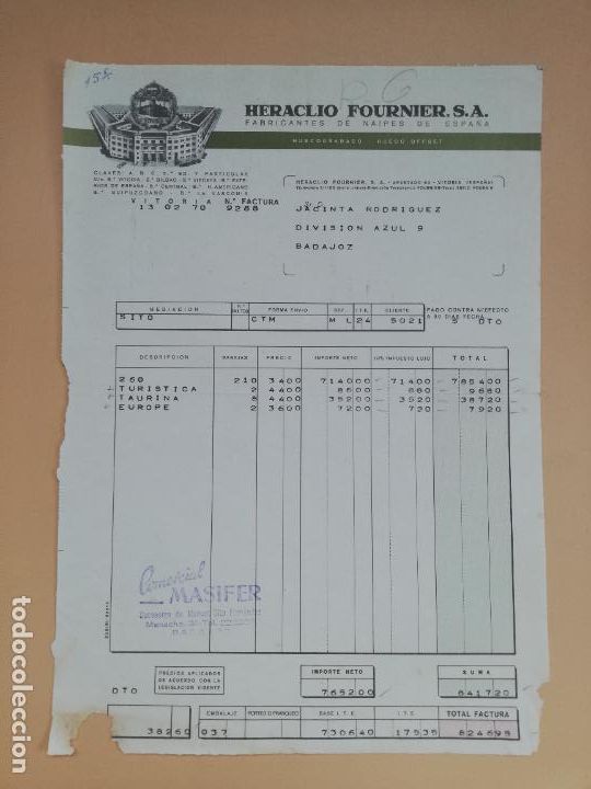 Old Invoices: FACTURA. FABRICANTES DE NAIPES DE ESPA&Ntilde;A. HERACLIO FOURNIER, S. A. VITORIA. 1970.