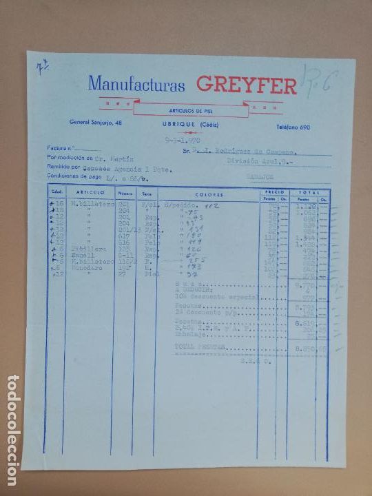 Old Invoices: FACTURA. ARTICULOS DE PIEL. MANUFACTURAS GREYFER. UBRIQUE, CADIZ, 1970.