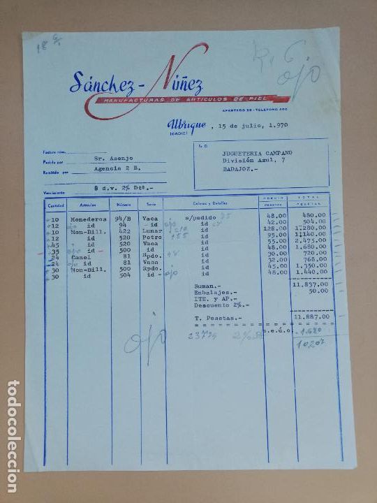 Old Invoices: FACTURA. SANCHEZ-NU&Ntilde;EZ. MANUFACTURAS DE ARTICULOS DE PIEL. UBRIQUE, CADIZ, 1970.