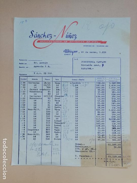 Old Invoices: FACTURA. SANCHEZ-NU&Ntilde;EZ. MANUFACTURAS DE ARTICULOS DE PIEL. UBRIQUE, CADIZ, 1970.
