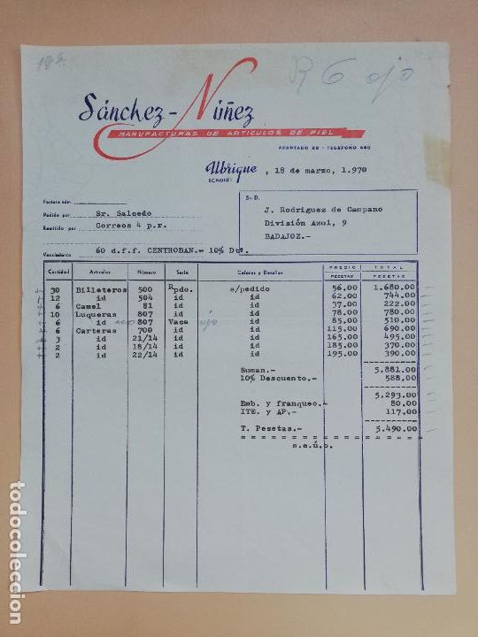 Old Invoices: FACTURA. SANCHEZ-NU&Ntilde;EZ. MANUFACTURAS DE ARTICULOS DE PIEL. UBRIQUE, CADIZ, 1970.