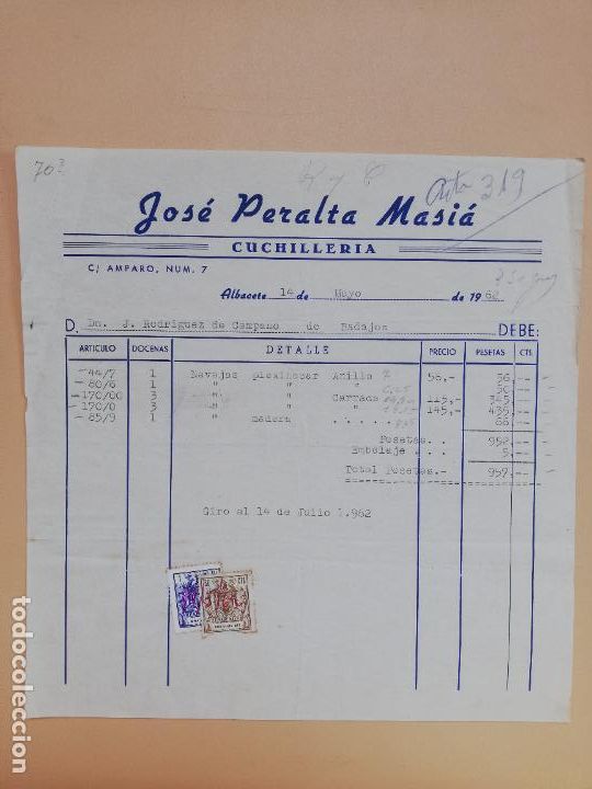 Old Invoices: FACTURA. CUCHILLERIA. JOSE PERALTA MASIA. ALBACETE, 1962.