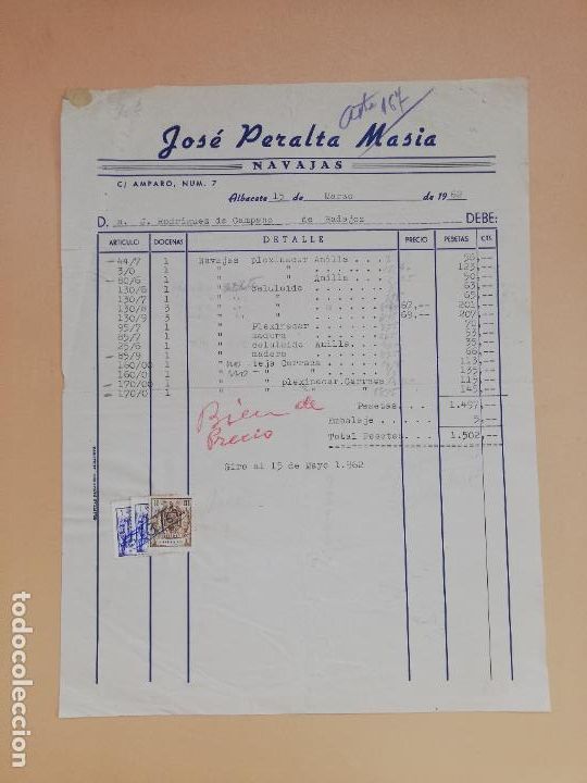 Old Invoices: FACTURA. CUCHILLERIA. JOSE PERALTA MASIA. ALBACETE, 1962.