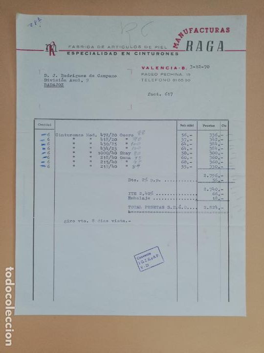 Old Invoices: FACTURA. FABRICA DE ARTICULOS DE PIEL. ESPECIALIDAD EN CINTURONES. RAGA. VALENCIA, 1970.