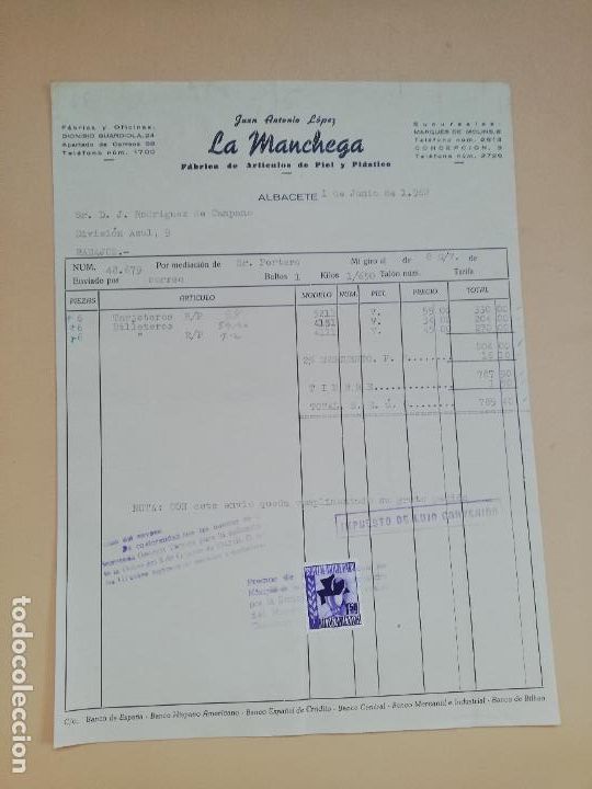 Old Invoices: FACTURA. FABRICA DE ARTICULOS DE PIEL. LA MANCHEGA. JUAN ANTONIO LOPEZ. ALBACETE. 1962.