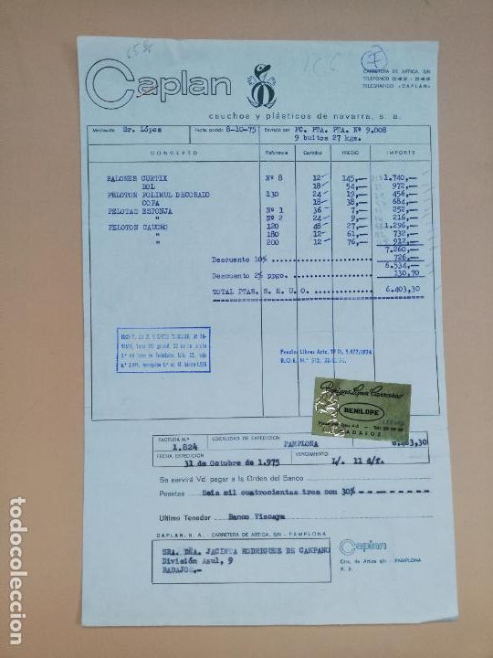 Old Invoices: FACTURA. CAPLAN. CAUCHOS Y PLASTICOS DE NAVARRA. PAMPLONA. 1975.