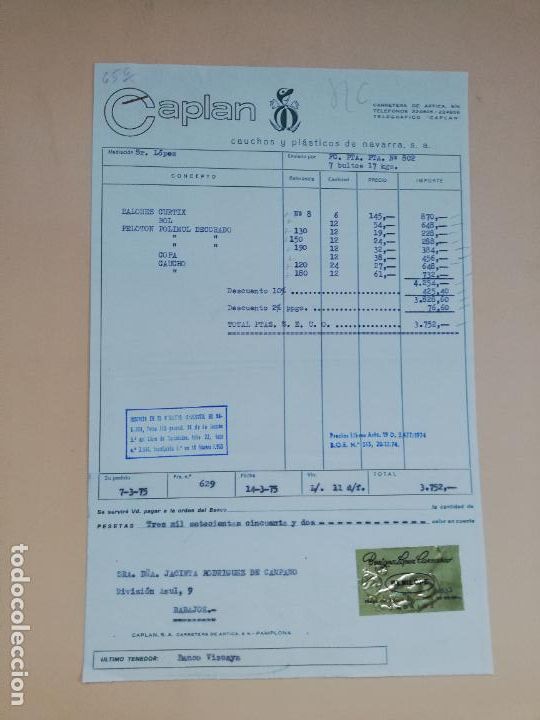 Old Invoices: FACTURA. CAPLAN. CAUCHOS Y PLASTICOS DE NAVARRA. PAMPLONA. 1975.