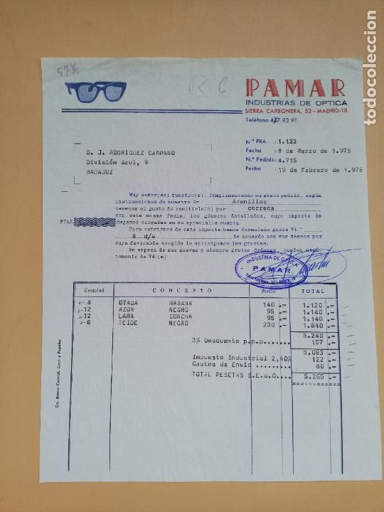 Old Invoices: FACTURA. INDUSTRIAS DE OPTICA PAMAR. MADRID, 1975.