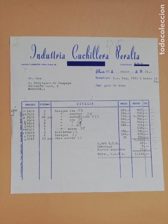 Old Invoices: FACTURA. INDUSTRIA CUCHILLLERA PERALTA. ALBACETE, 1971.