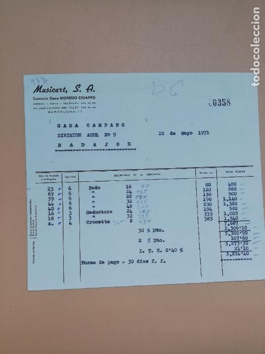 Old Invoices: FACTURA. MUSICART, S.A. DIONISIO CHIAPPO. BARCELONA, 1971.