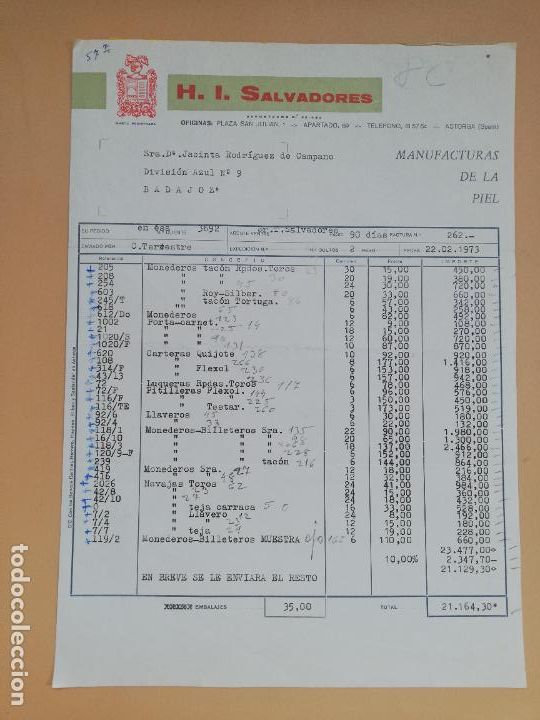 Old Invoices: FACTURA. H. I. SALVADORES, S. L. MANUFACTURAS DE LA PIEL. ASTORGA, LEON. 1973.
