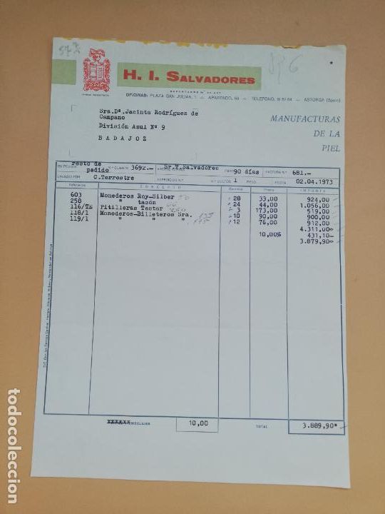 Old Invoices: FACTURA. H. I. SALVADORES, S. L. MANUFACTURAS DE LA PIEL. ASTORGA, LEON. 1973.