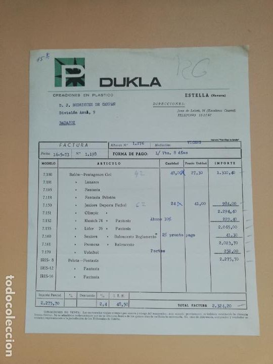 Old Invoices: FACTURA. CREACIONES EN PLASTICOS. DUKLA. ESTELLA, NAVARRA, 1973.