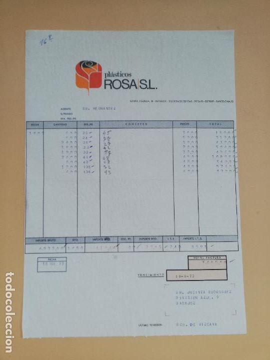 Old Invoices: FACTURA. PLASTICOS ROSA, S.L. BARCELONA, 1973.