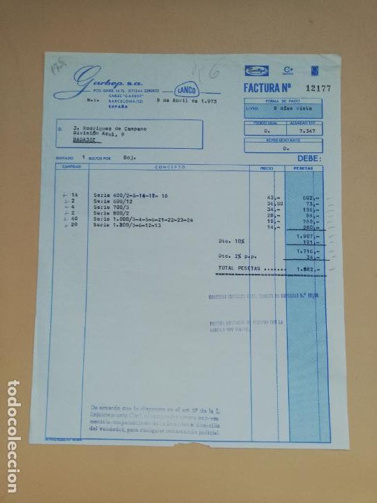 Old Invoices: FACTURA. GARBEP, S. A. BARCELONA. 1973.