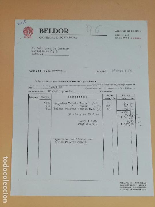 Old Invoices: FACTURA. COMERCIAL IMPORTADORA. BELDOR. MADRID, 1973.