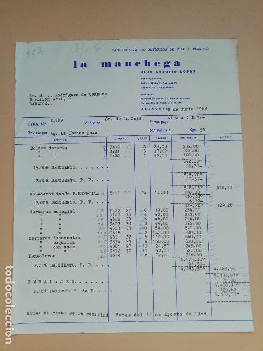 Factures anciennes: FACTURA. FABRICA DE ARTICULOS DE PIEL. LA MANCHEGA. JUAN ANTONIO LOPEZ. ALBACETE. 1968.