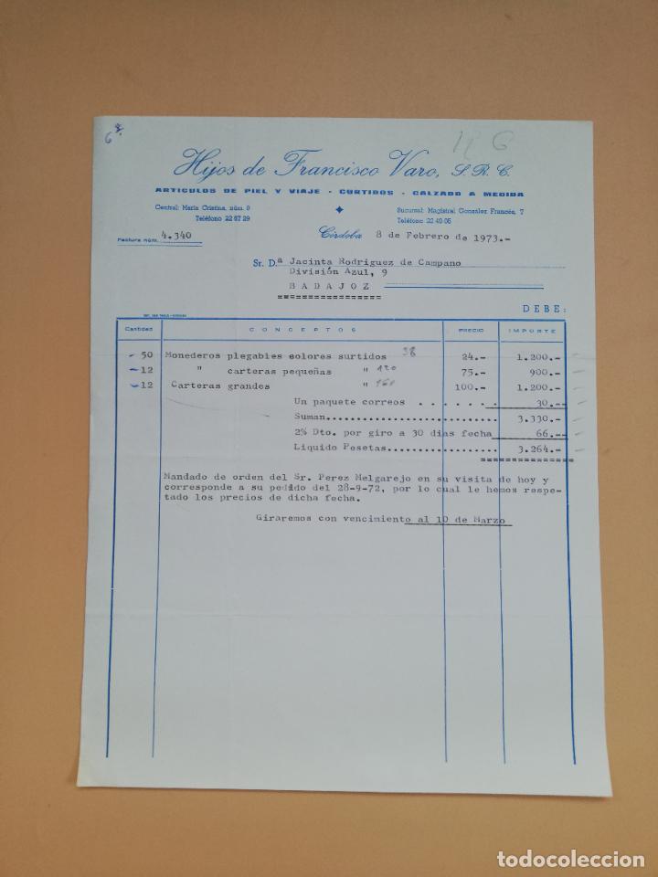Factures anciennes: FACTURA. ARTICULOS DE PIEL Y VIAJE-CURTIDOS-CALZADO A MEDIDA. HIJOS DE FCO. VARO. CORDOBA, 1973.