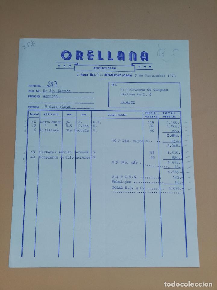 Factures anciennes: FACTURA. ARTICULOS DE PIEL. ORELLANA. BENAOCAZ, CADIZ, 1973.